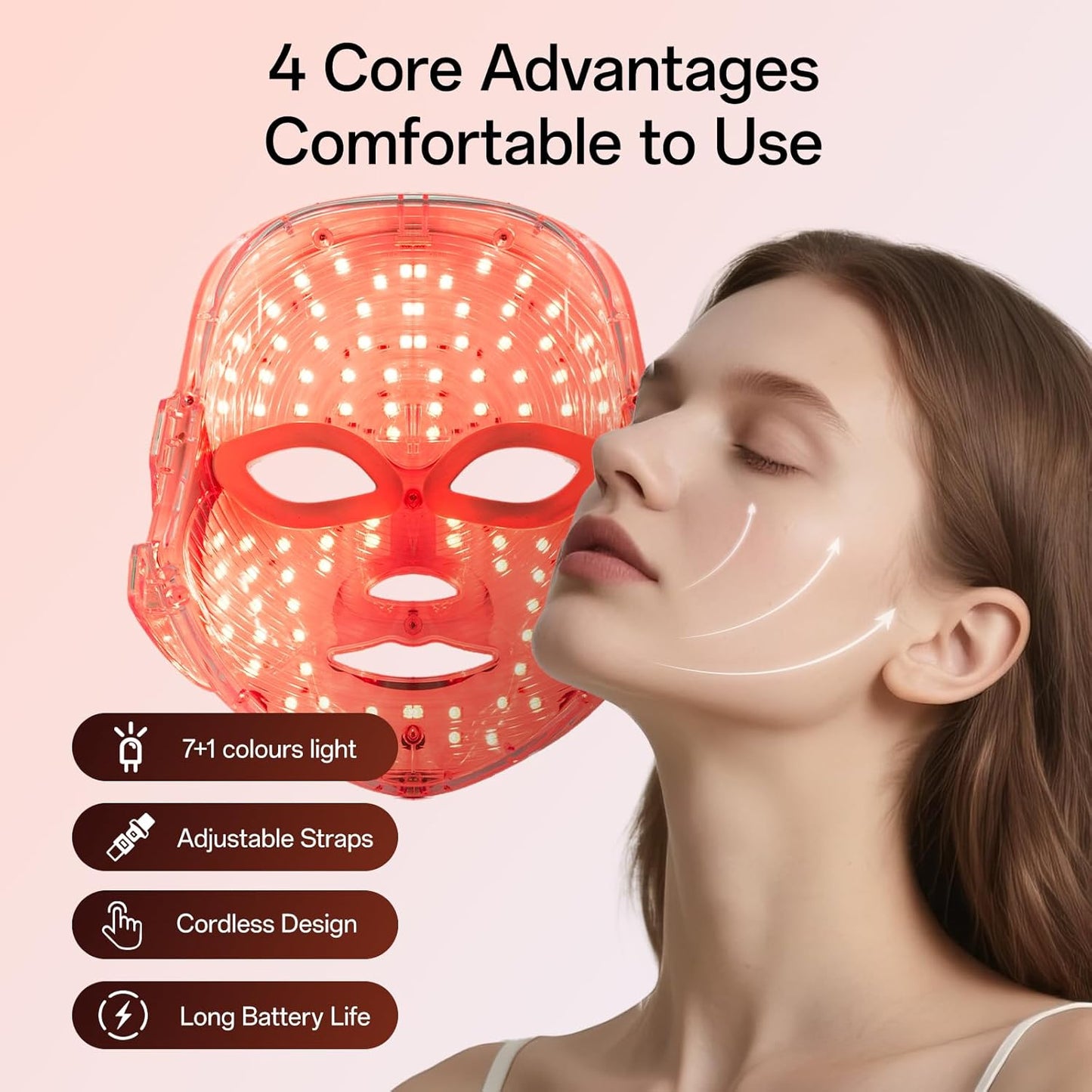 Woman using a LED face mask with text highlighting its features on a light pink background